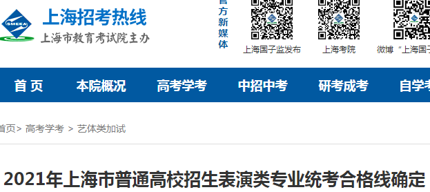 2021年上海市普通高校招生表演類(lèi)專(zhuān)業(yè)統(tǒng)考合格分?jǐn)?shù)線