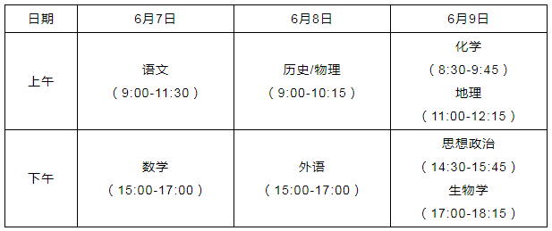 湖北武漢高考時間2021具體時間：6月7日至9日