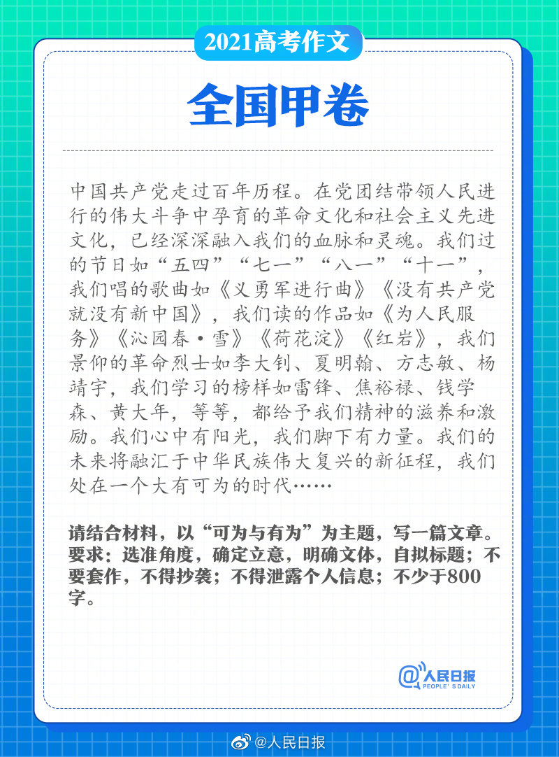 2021年全國甲卷高考作文題目:可為與有為